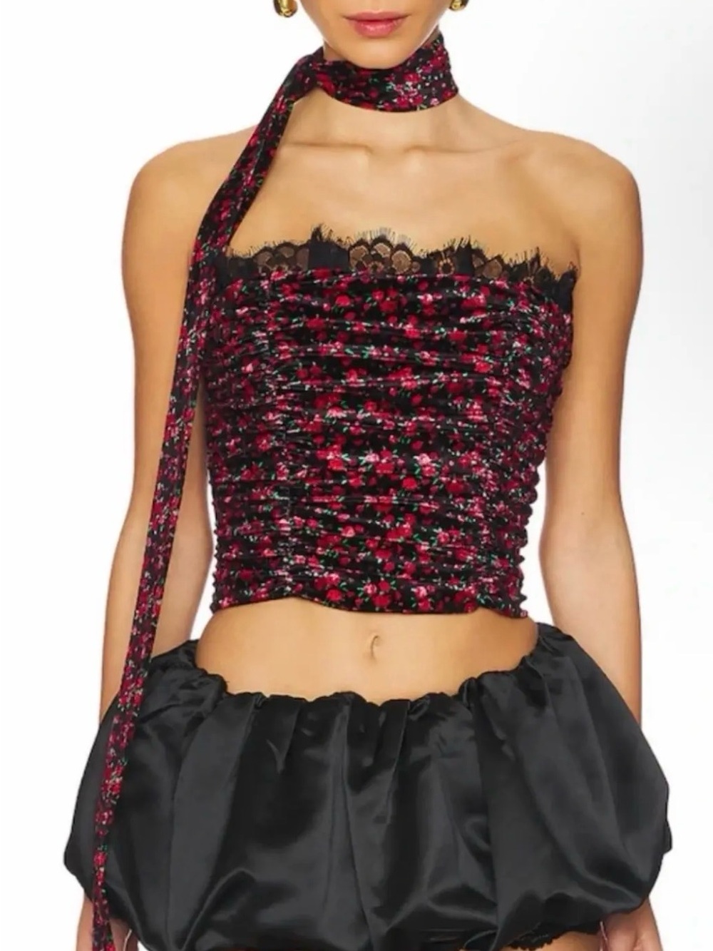 For Love and Lemons Black Velvet & Berry Floral Strapless Ruched Top with Lace